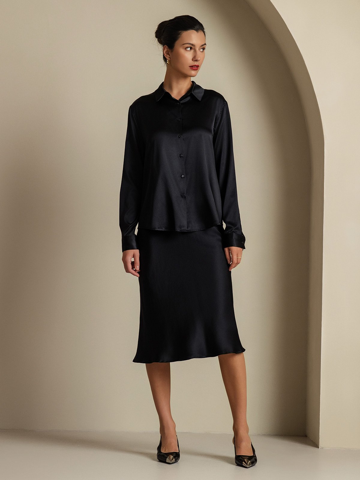 [Black] SilkSilky  19Momme Silk Lapel Collar Women''s Outfit Sets 006,