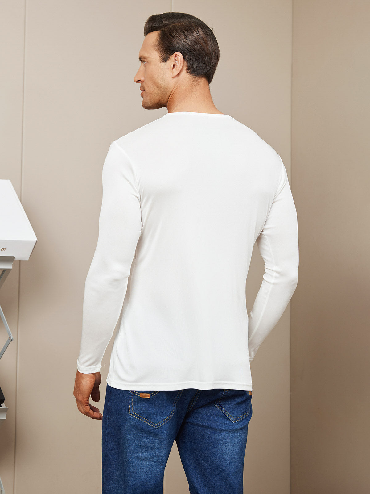 SilkSilky US Silk Knitted Long Sleeve Round Neck Men's T Shirt White 002