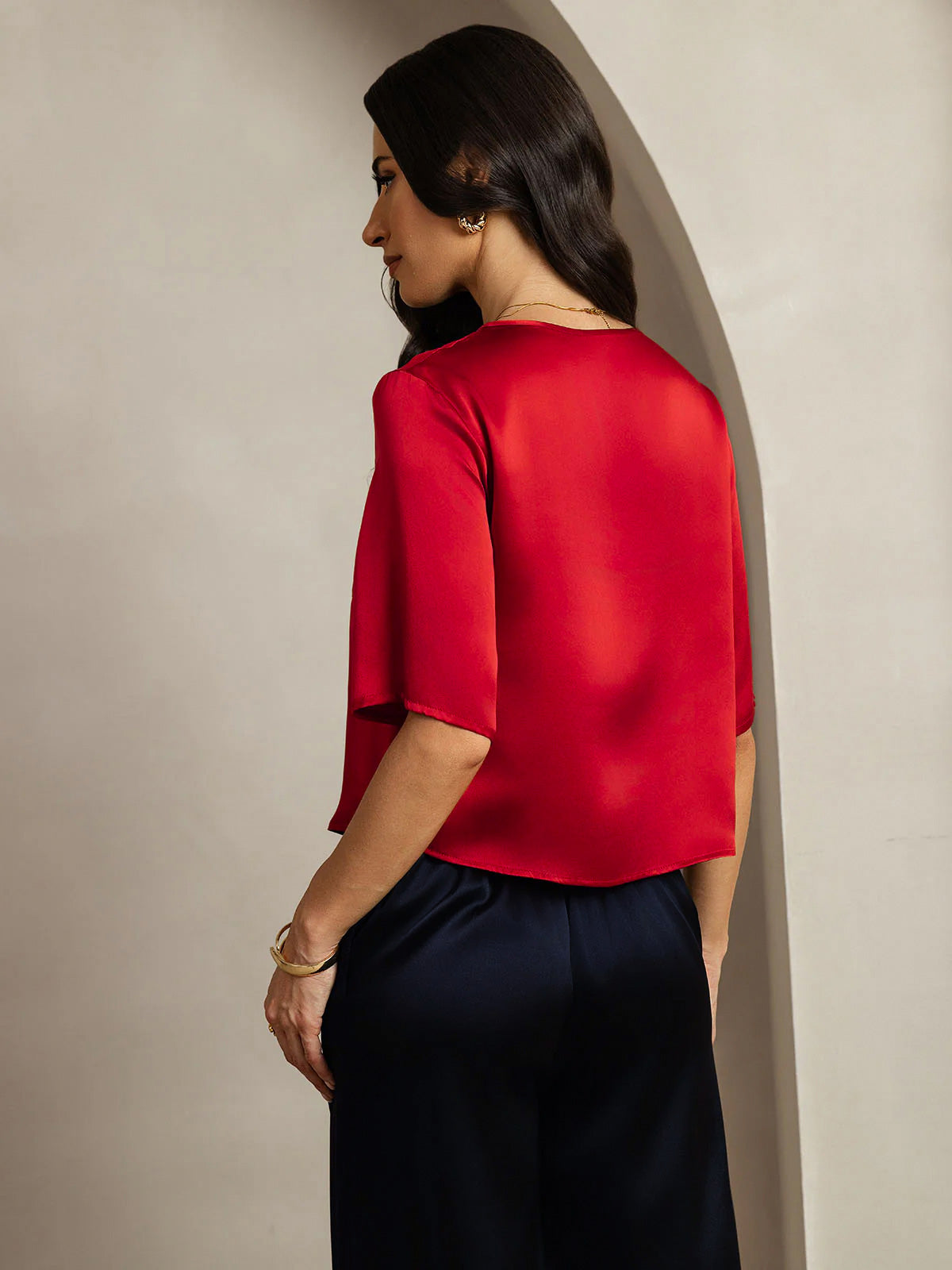 [Dark Red] SilkSilky  Pure Silk Boat Neck Women's T-Shirt 002