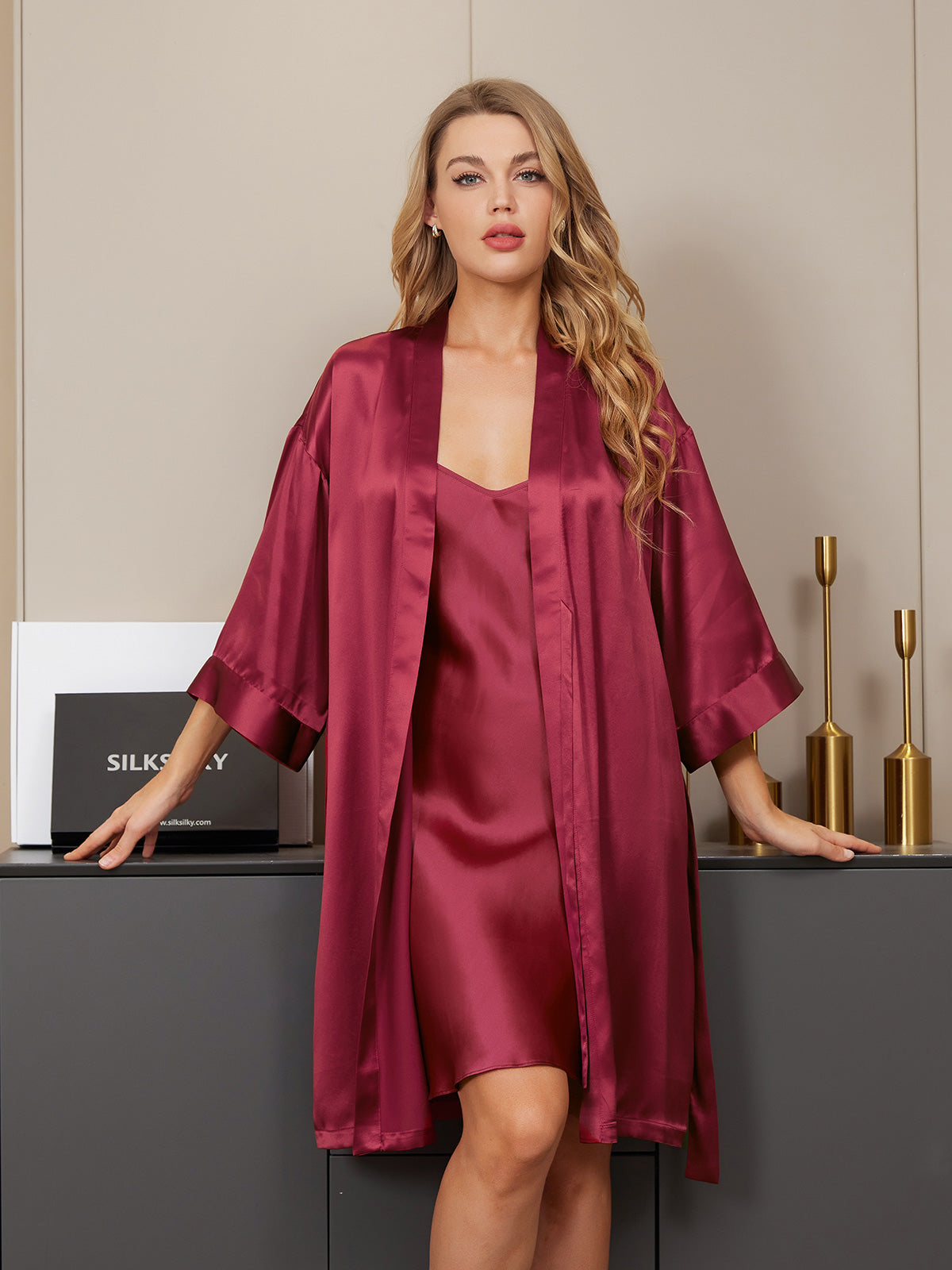 SilkSilky  Pure Silk 3/4 Sleeve Nightgown&Robe Set Wine 005