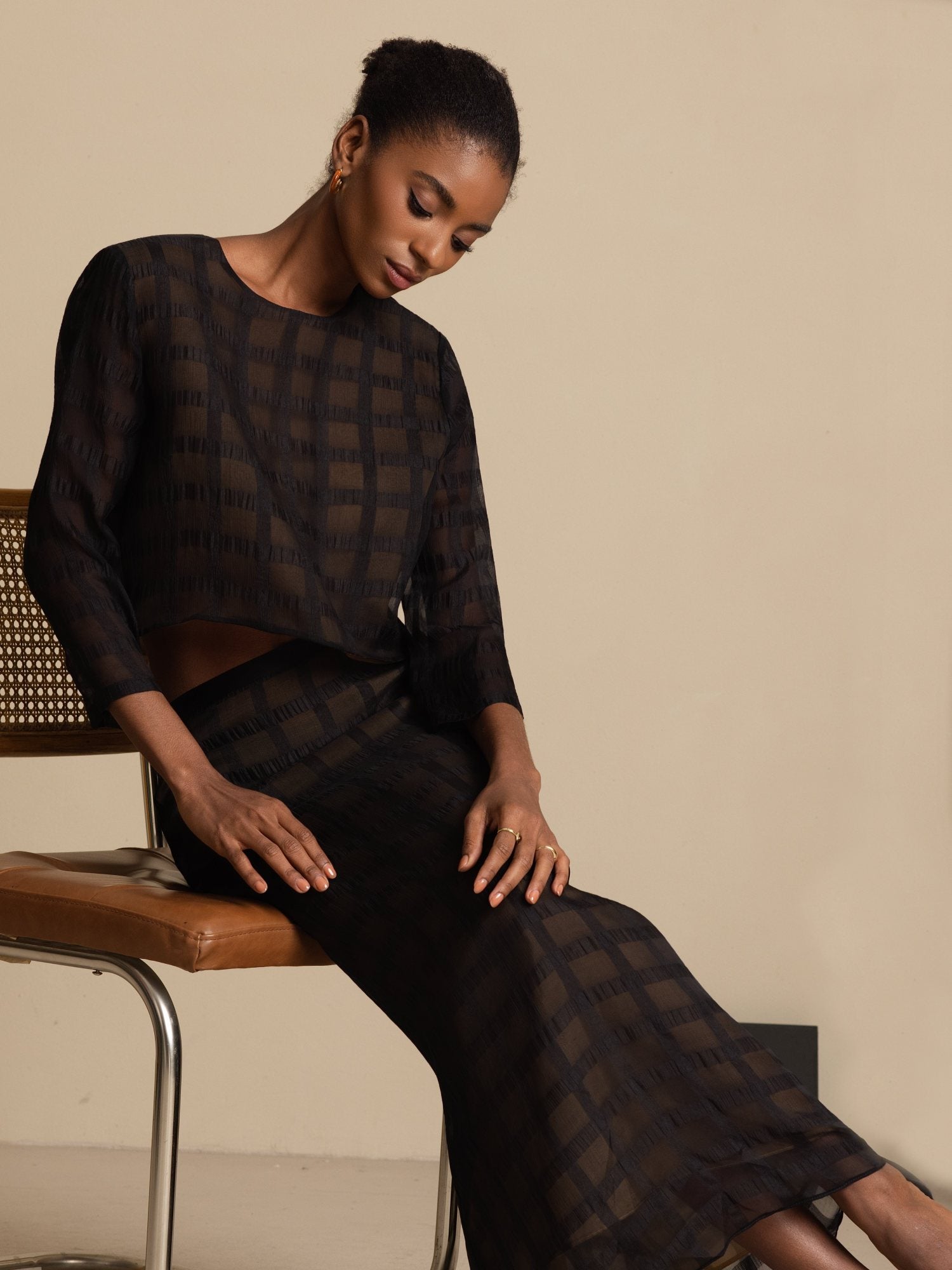 [Black] SilkSilky Pure Silk Long Sleeve Round Neck Women''s Outfit Sets 008