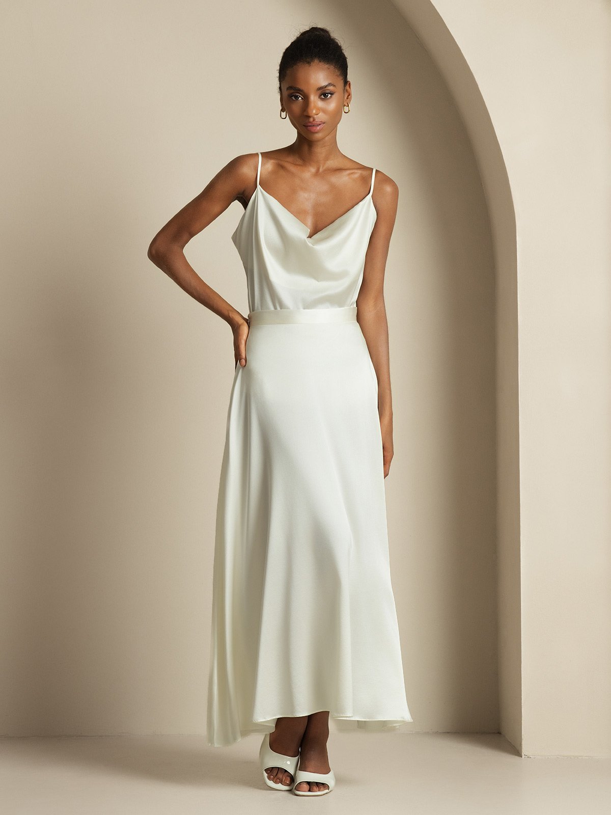 [White] SilkSilky  19Momme Silk Cowl Neck Women''s Outfit Sets 003,