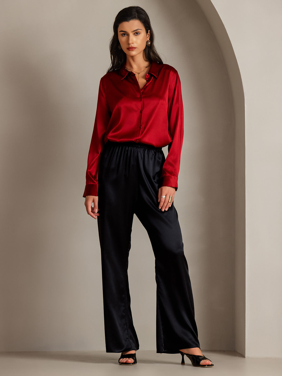 [Red] SilkSilky  Silk Lapel Collar Women's Shirt 003