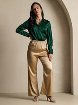 [Dark Green] SilkSilky  19Momme Stretch Silk Charmeuse Long Sleeve Lapel Collar Women's Shirt 010