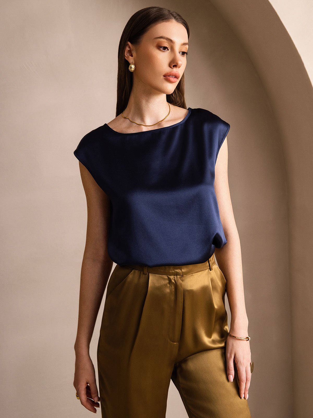 [Dark Blue] SilkSilky  19Momme Silk Round Neck Women's T-Shirt 001