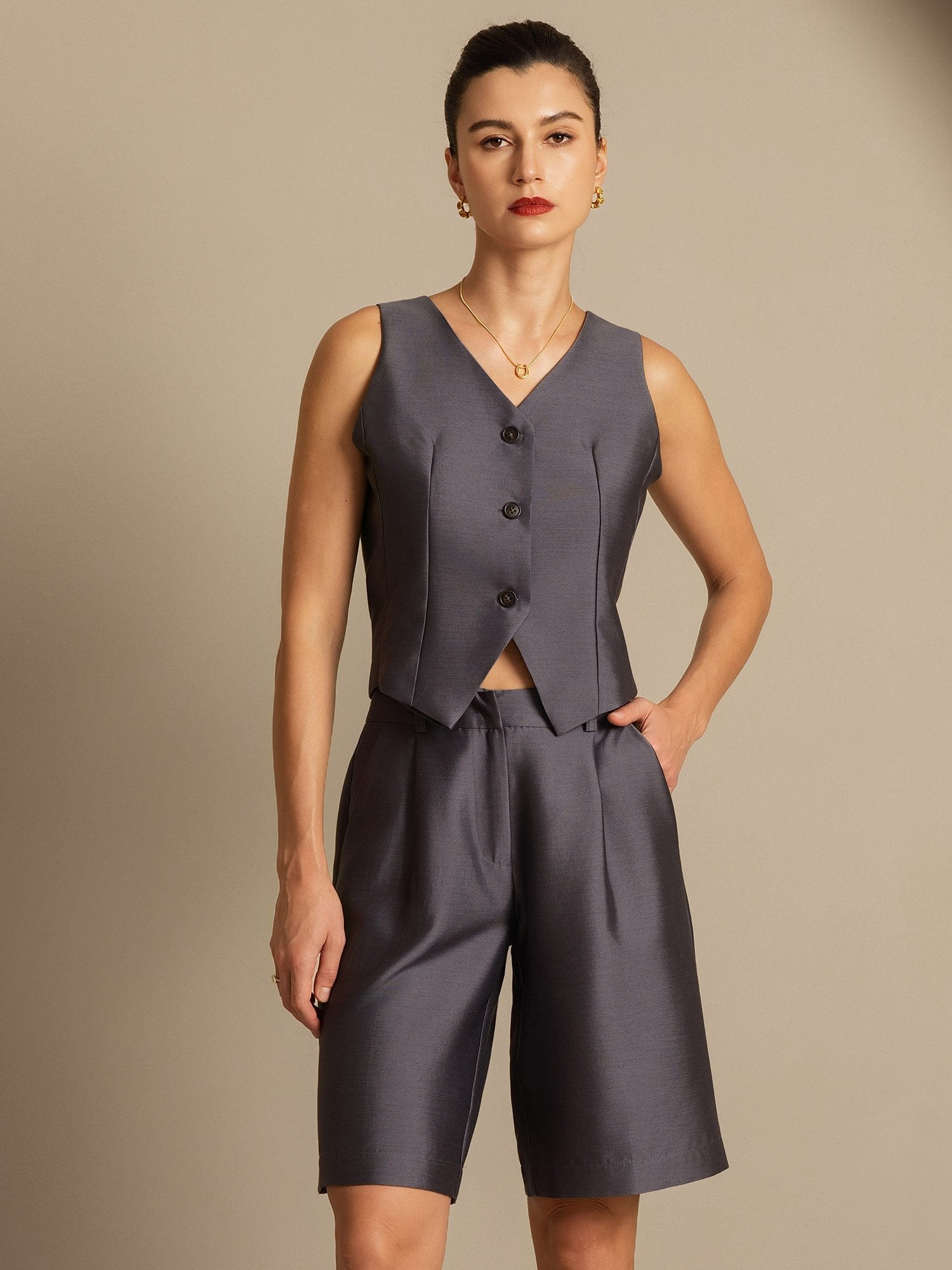 [Gray] SilkSilky  32Momme Silk V Neck Women's Vest 006,