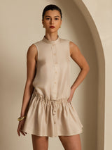 [Tan] SilkSilky  Sleeveless Stand Collar Dress 001