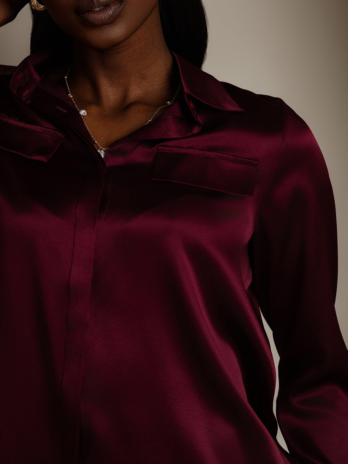 SilkSilky 19Momme Silk Long Sleeve Collar Women's Shirt DarkRed 008