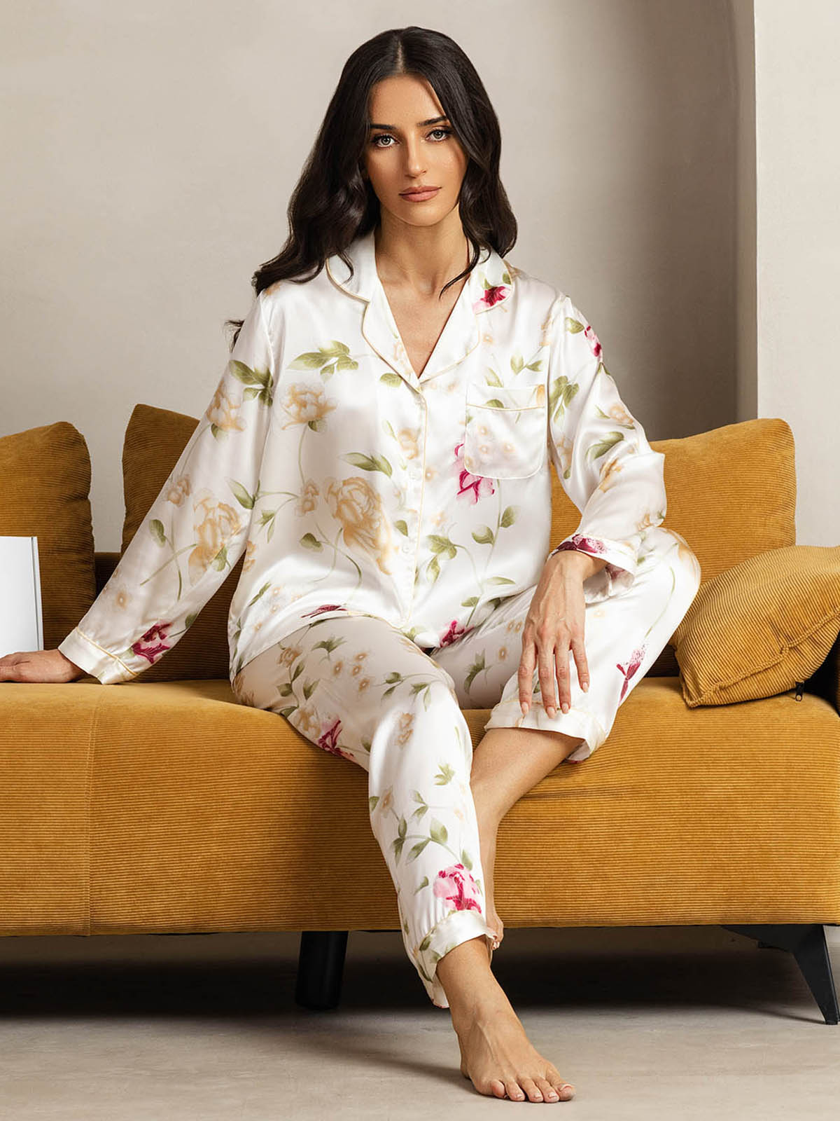 [Ivory Floral] SilkSilky  Pure Silk Womens Pajamas 004