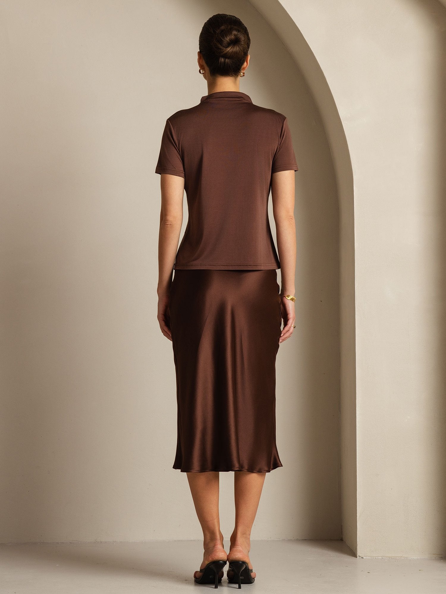 [Coffee] SilkSilky  Pure Silk Collar Women's T-Shirt 007