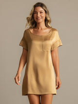 [Tan] SilkSilky  19Momme Machine-Washable Silk Short Sleeve Round Neck Nightgown 005