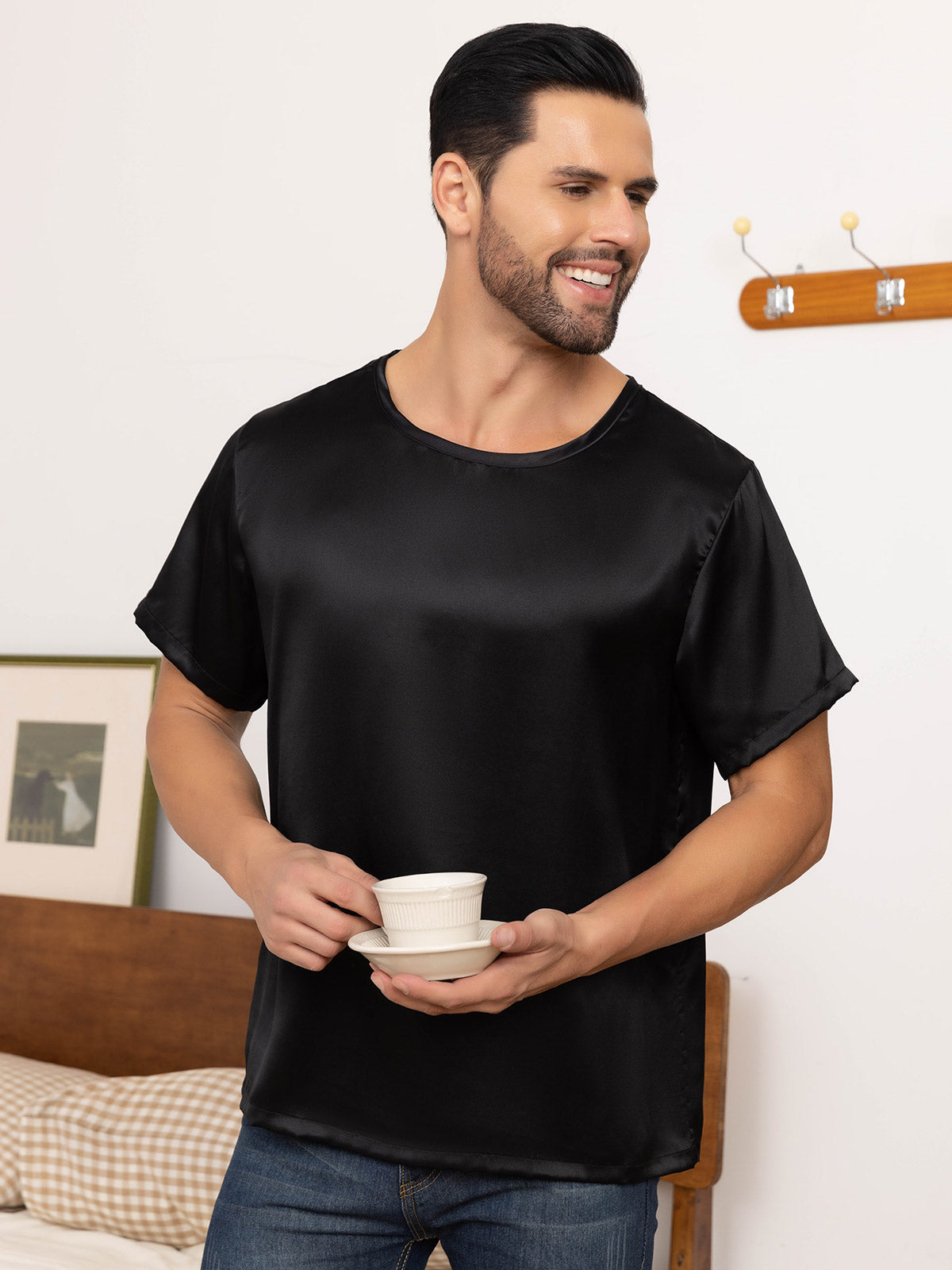 SilkSilky US Pure Silk Short Sleeve Round Neck Men's T Shirt Black 006