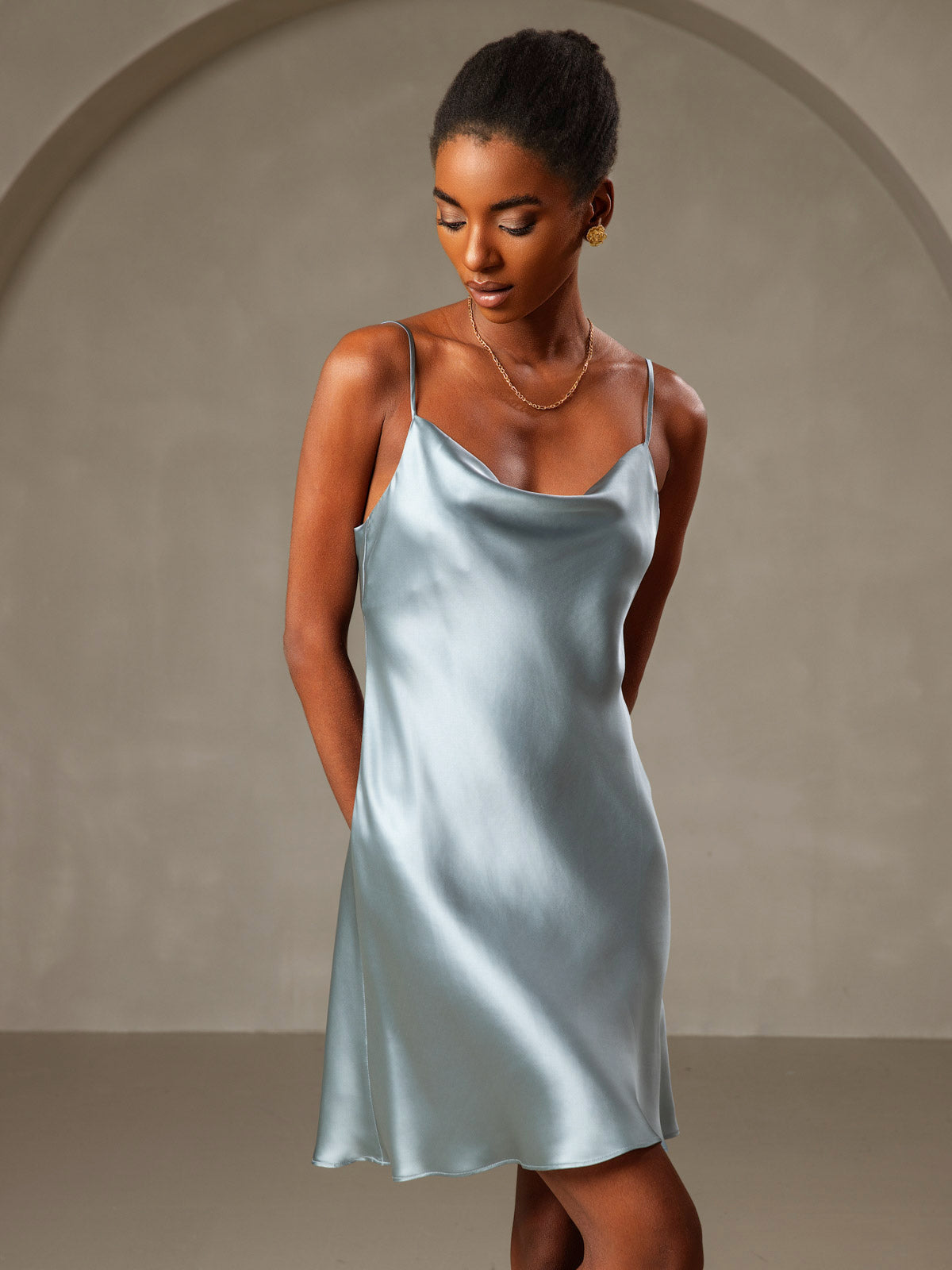 [Grayish Blue] SilkSilky  Pure Silk Cowl Neck Dress 005