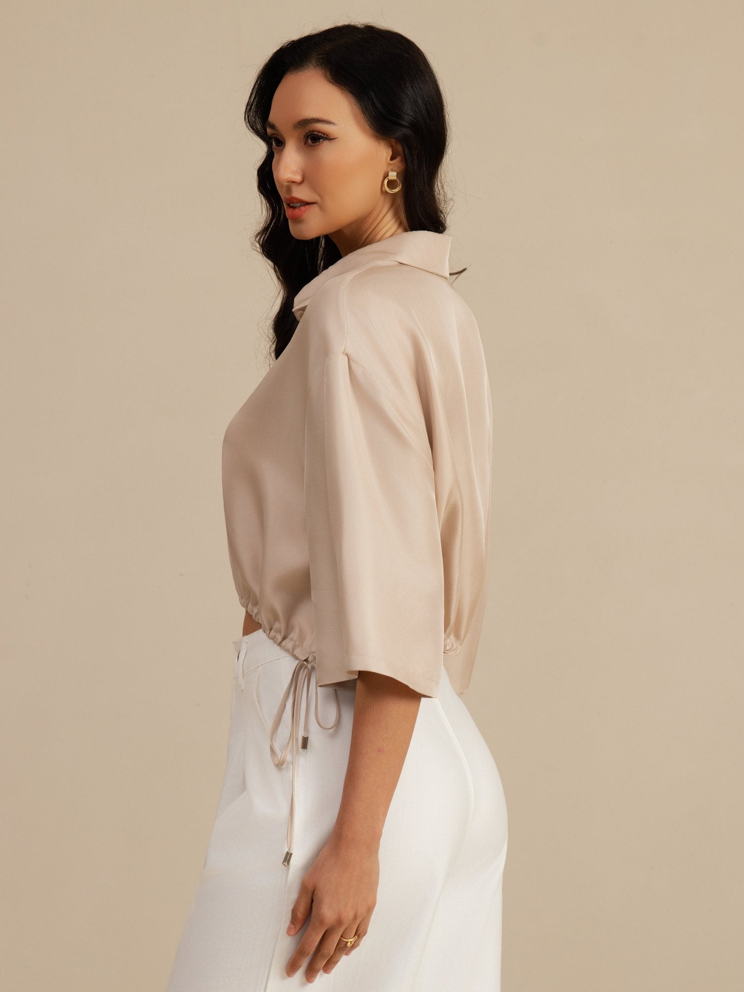 [Tan] SilkSilky  18Momme Silk Satin Surah Half Sleeve Lapel Collar Blouse 003