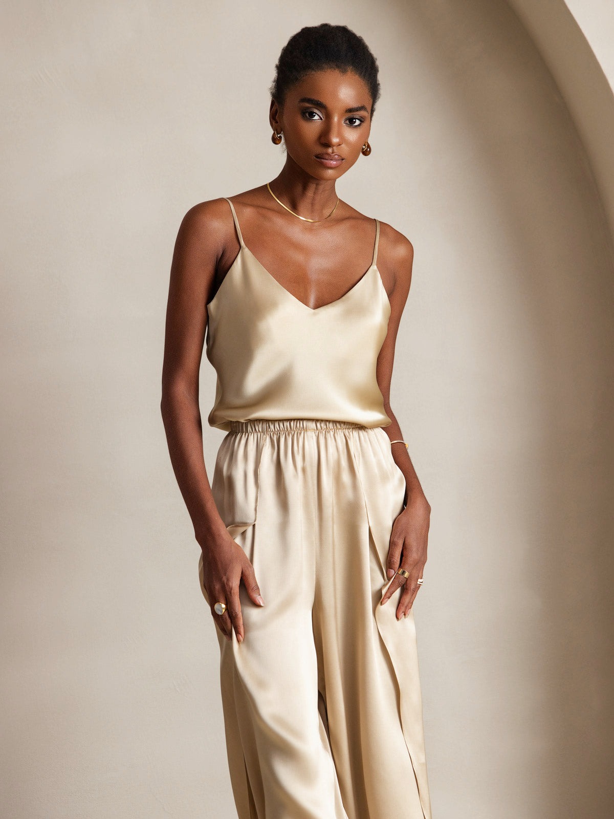 [Champagne] SilkSilky  Pure Silk V Neck Camisole Top 001