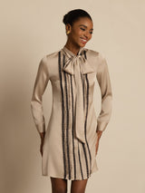 [Tan] SilkSilky 19Momme Silk Long Sleeve Tie Neck Dress 004