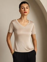 [Light Khaki] SilkSilky  Short Sleeve V Neck Women's T-Shirt 001