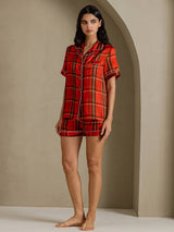 [Red Plaid] SilkSilky Short Sleeve Notch Collar Women's Pajamas 006