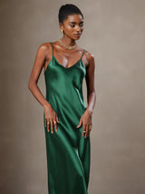 [Green] SilkSilky  Pure Silk Spaghetti Strap V Neck Dress 003
