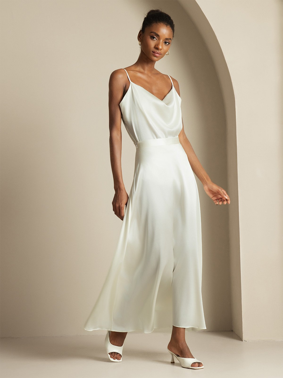 [White] SilkSilky  19Momme Silk Cowl Neck Women''s Outfit Sets 004,