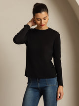 [Black] SilkSilky  100% Silk Jersey Long Sleeve Crew Neck Women's T-Shirt 007