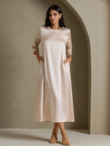 [Beige] SilkSilky 3/4 Sleeve Round Neck Dress 001
