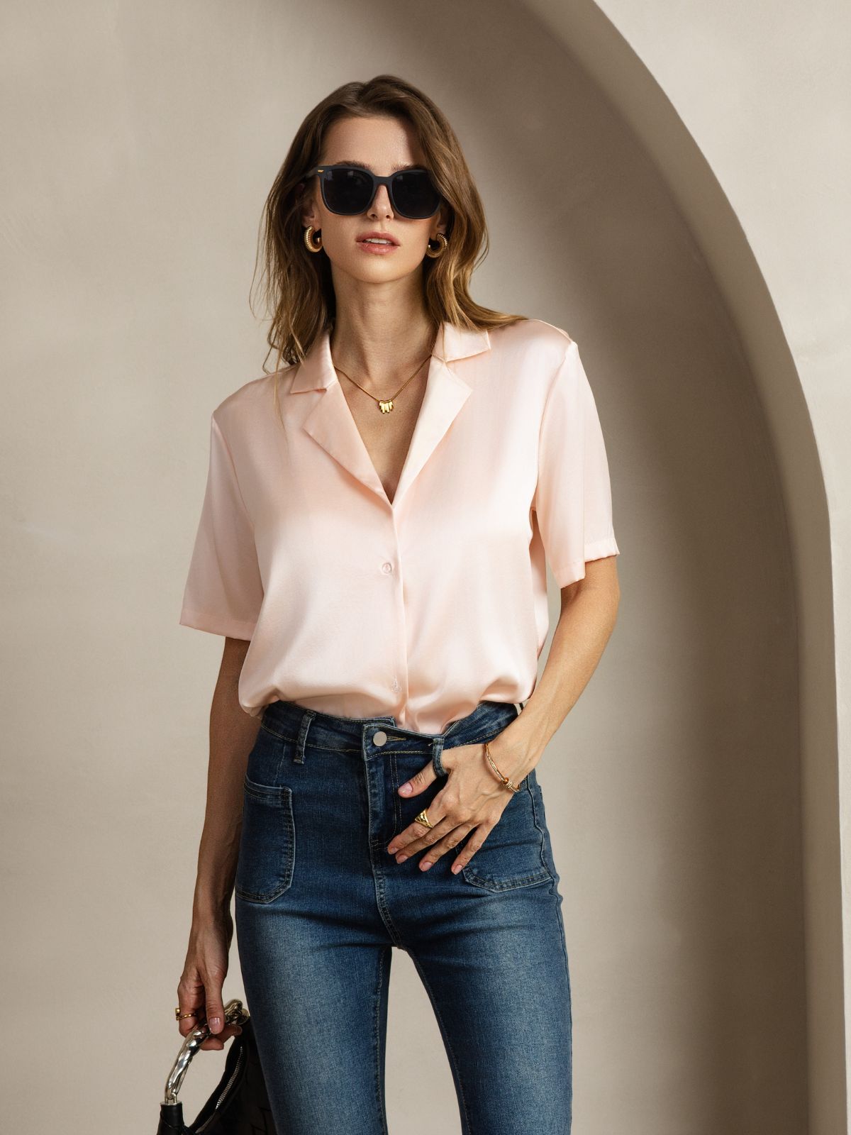 [Pink] SilkSilky  19Momme Silk Notched Neck Women's Shirt 006