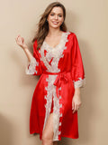 SilkSilky US Pure Silk 3/4 Sleeve Nightgown&Robe Set Red 004