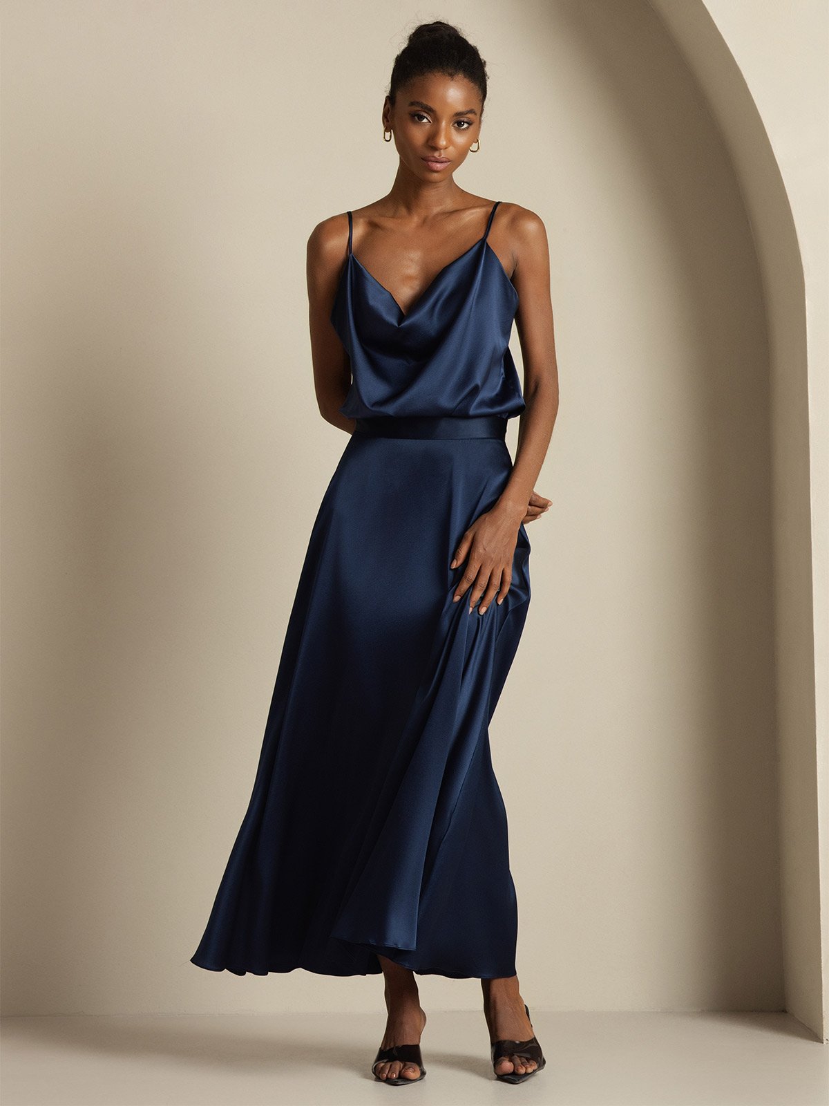 [Dark Blue] SilkSilky  19Momme Silk Cowl Neck Women''s Outfit Sets 004,