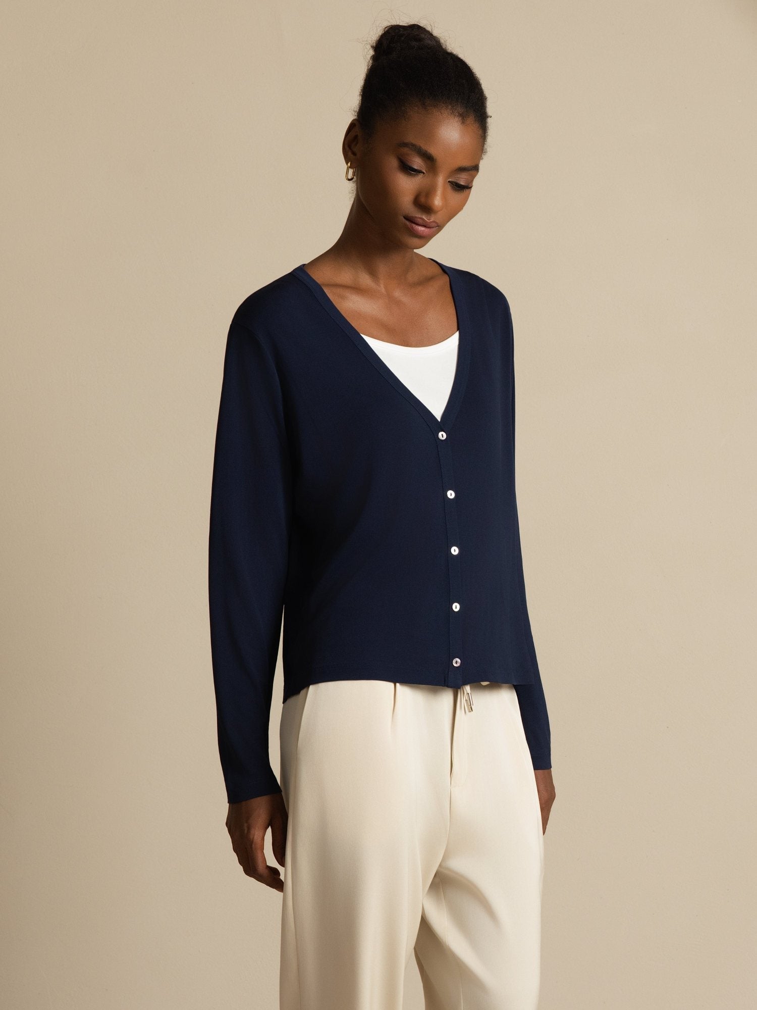 [DarkBlue] SilkSilky Silk Long Sleeve V Neck Women's Cardigan 001