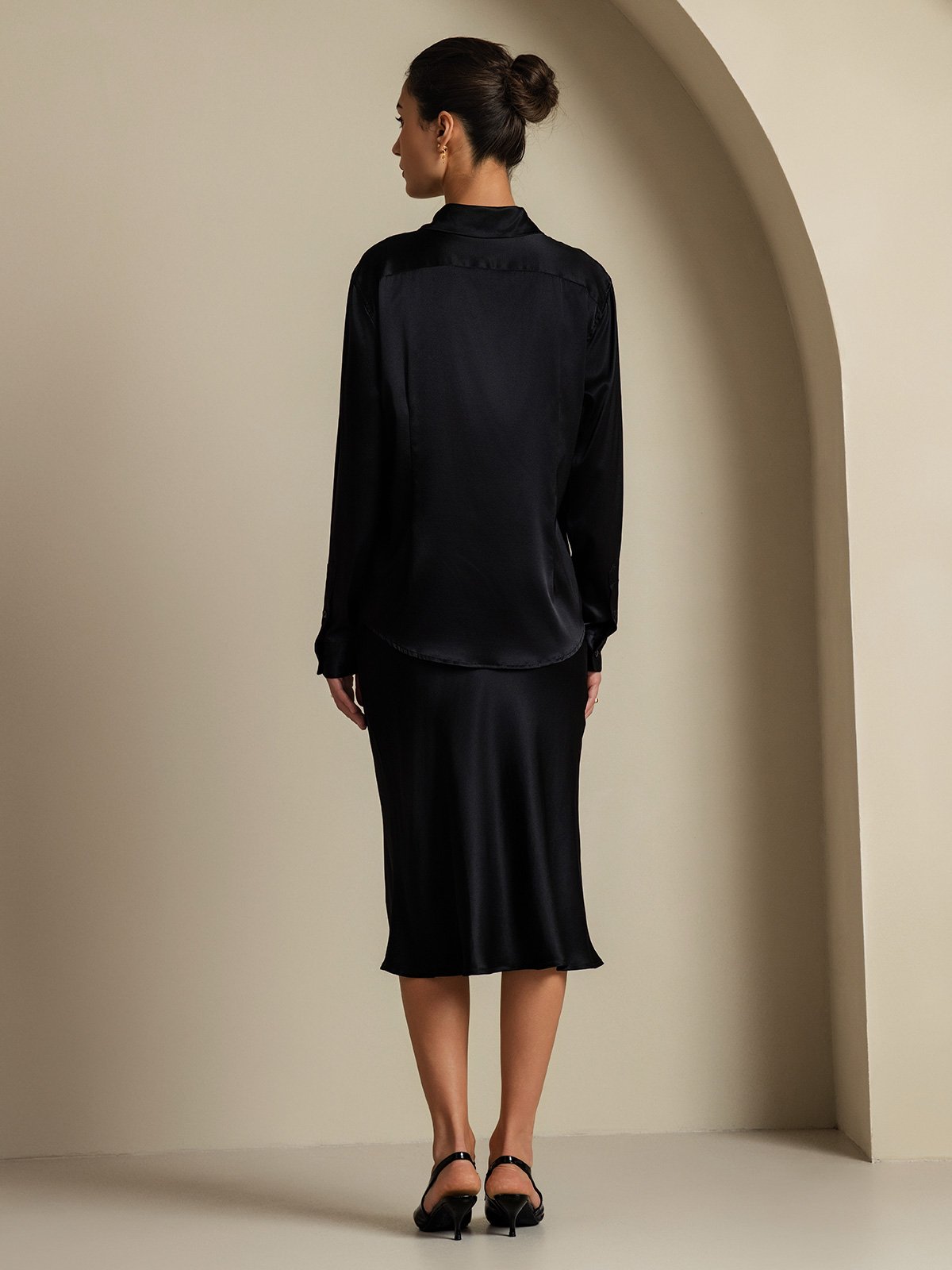 [Black] SilkSilky  19Momme Silk Lapel Collar Women''s Outfit Sets 002,