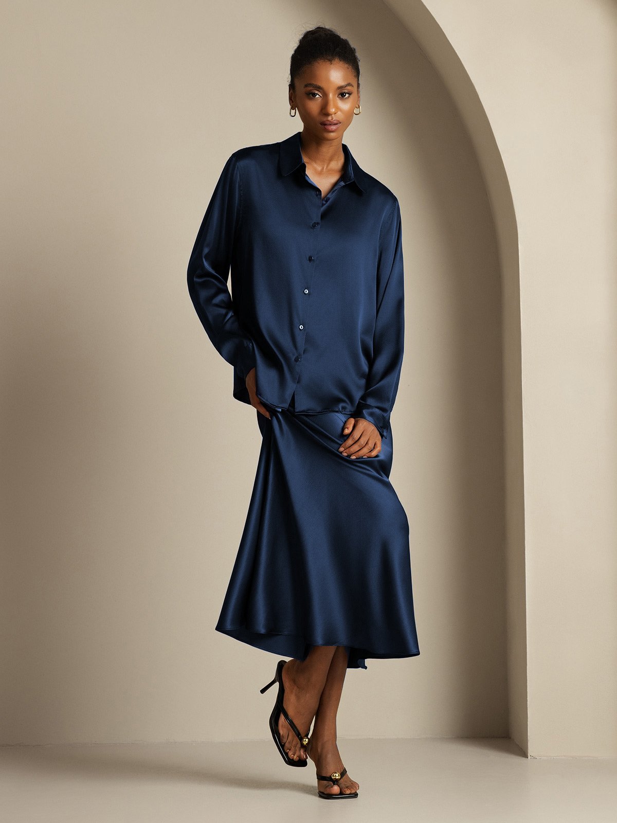 [Dark Blue] SilkSilky  19Momme Silk Lapel Collar Women''s Outfit Sets 003,