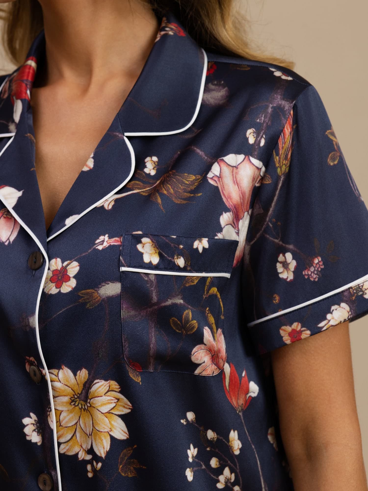 [Navy Floral] SilkSilky  Short Sleeve Notch Collar Women's Pajamas 004