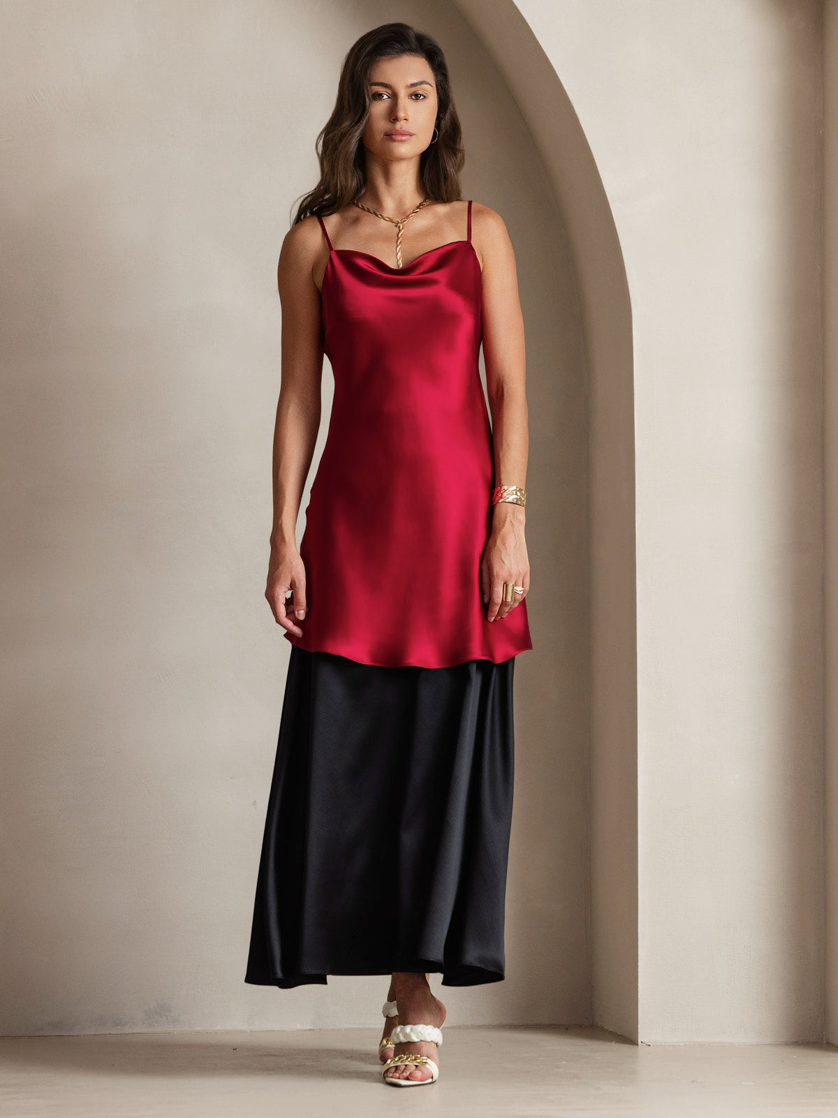 [Wine] SilkSilky  Pure Silk Cowl Neck Dress 007