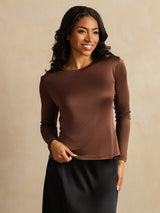 [Coffee] SilkSilky  100% Silk Jersey Long Sleeve Crew Neck Women's T-Shirt 001