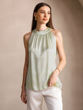 SilkSilky  19Momme Silk Blend Sleeveless Womens T-Shirt LightGreen 001