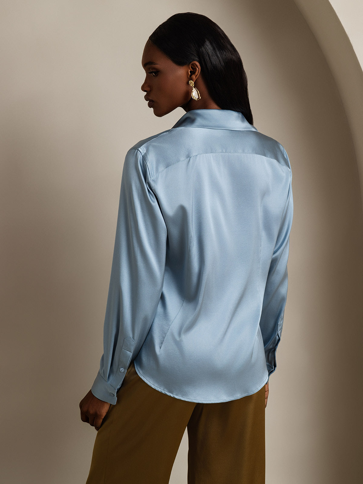 SilkSilky  Silk Blend Long Sleeve Collar Women's Shirt GrayishBlue 002