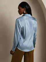 [Grayish Blue] SilkSilky  19Momme Stretch Silk Charmeuse Long Sleeve Lapel Collar Women's Shirt 002