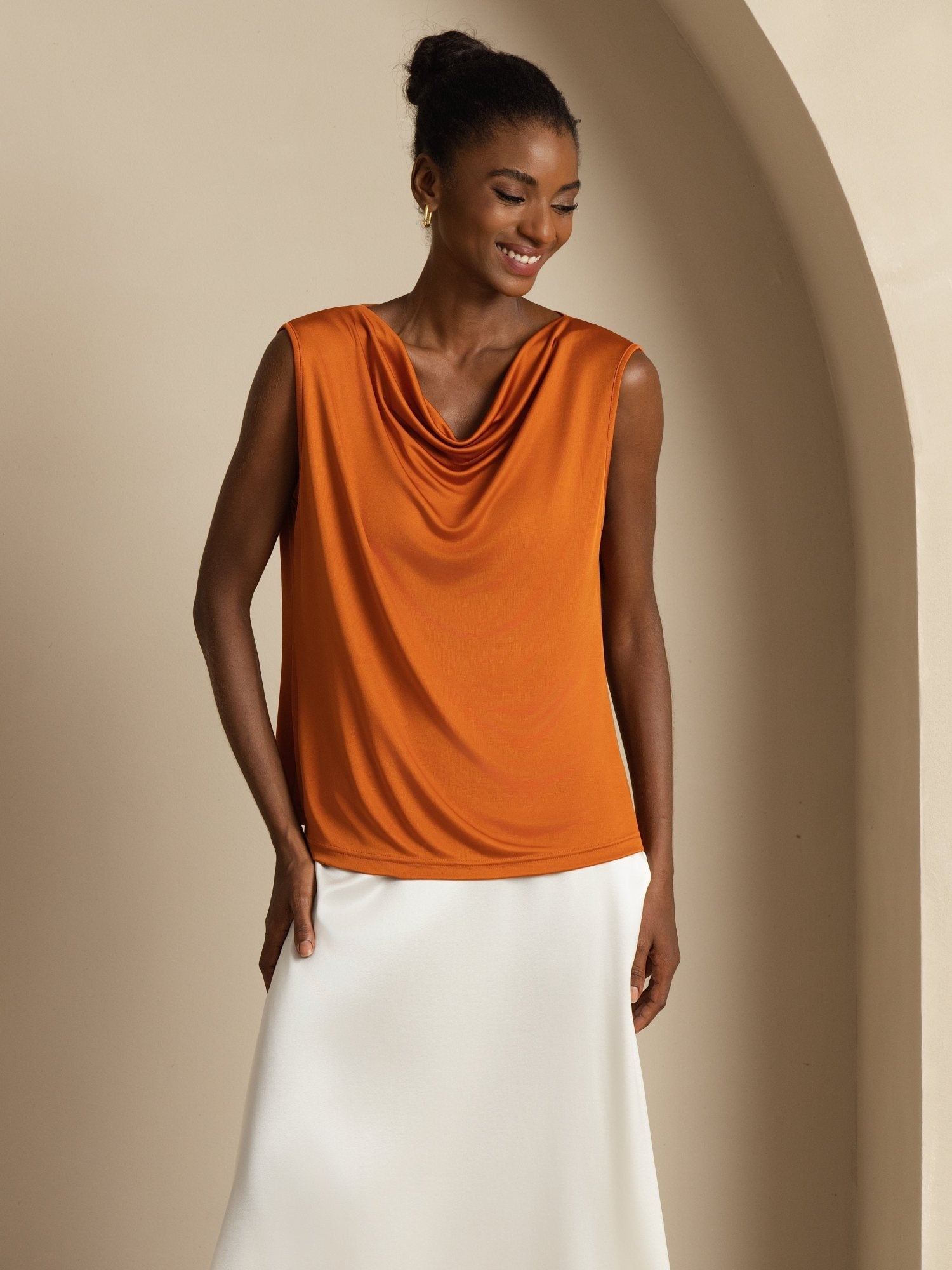 [Orange] SilkSilky Silk Sleeveless Cowl Neck Women's T-Shirt 001