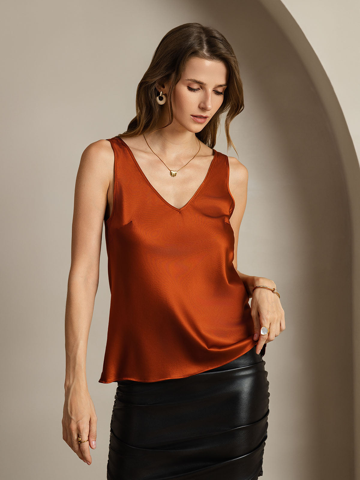 [Caramel] SilkSilky  19Momme Silk Sleeveless V Neck Camisole Top 006