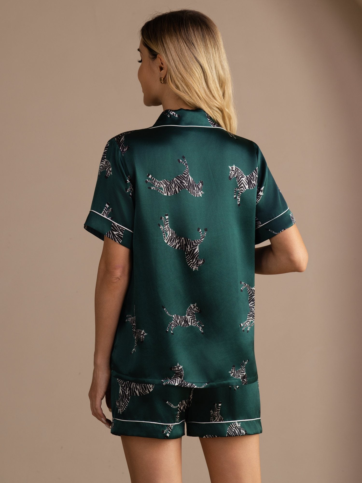 [Emerald Zebra] SilkSilky Short Sleeve Lapel Collar Women's Pajamas 002