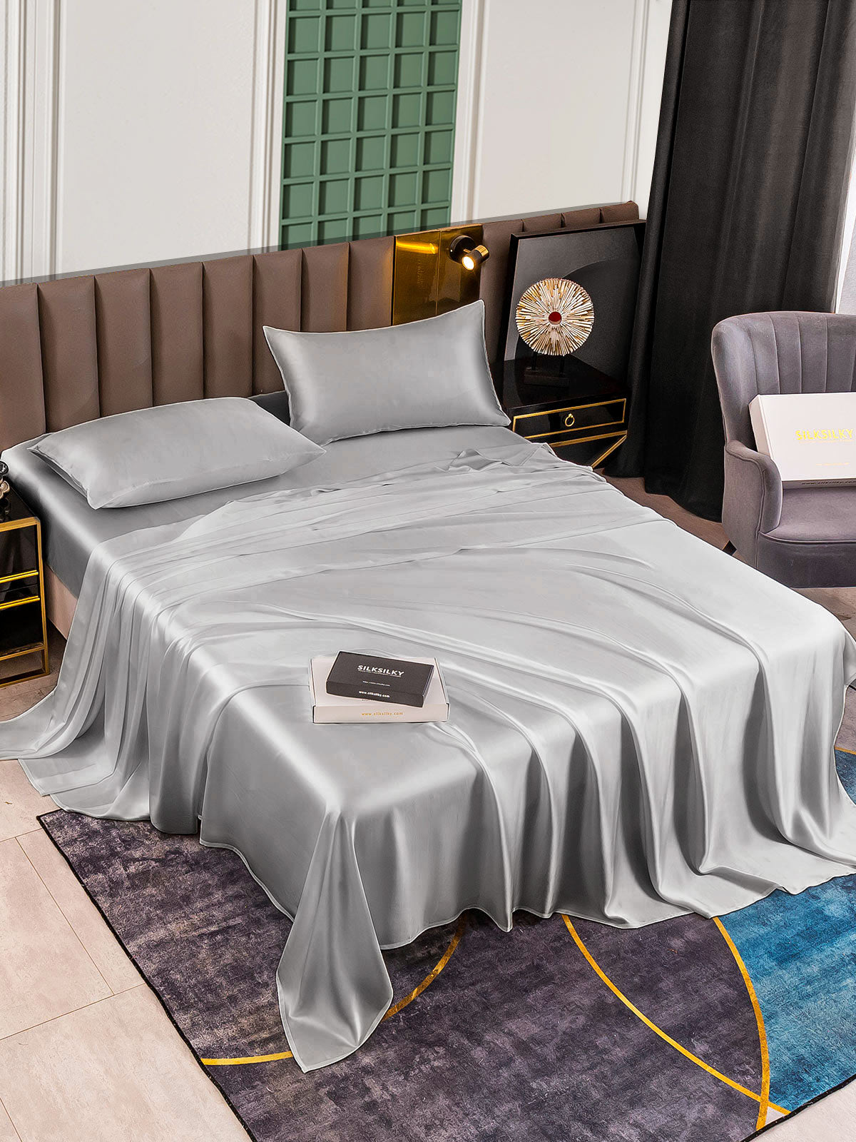 SilkSilky US 25Momme Pure Silk Bedding Set Silver 002