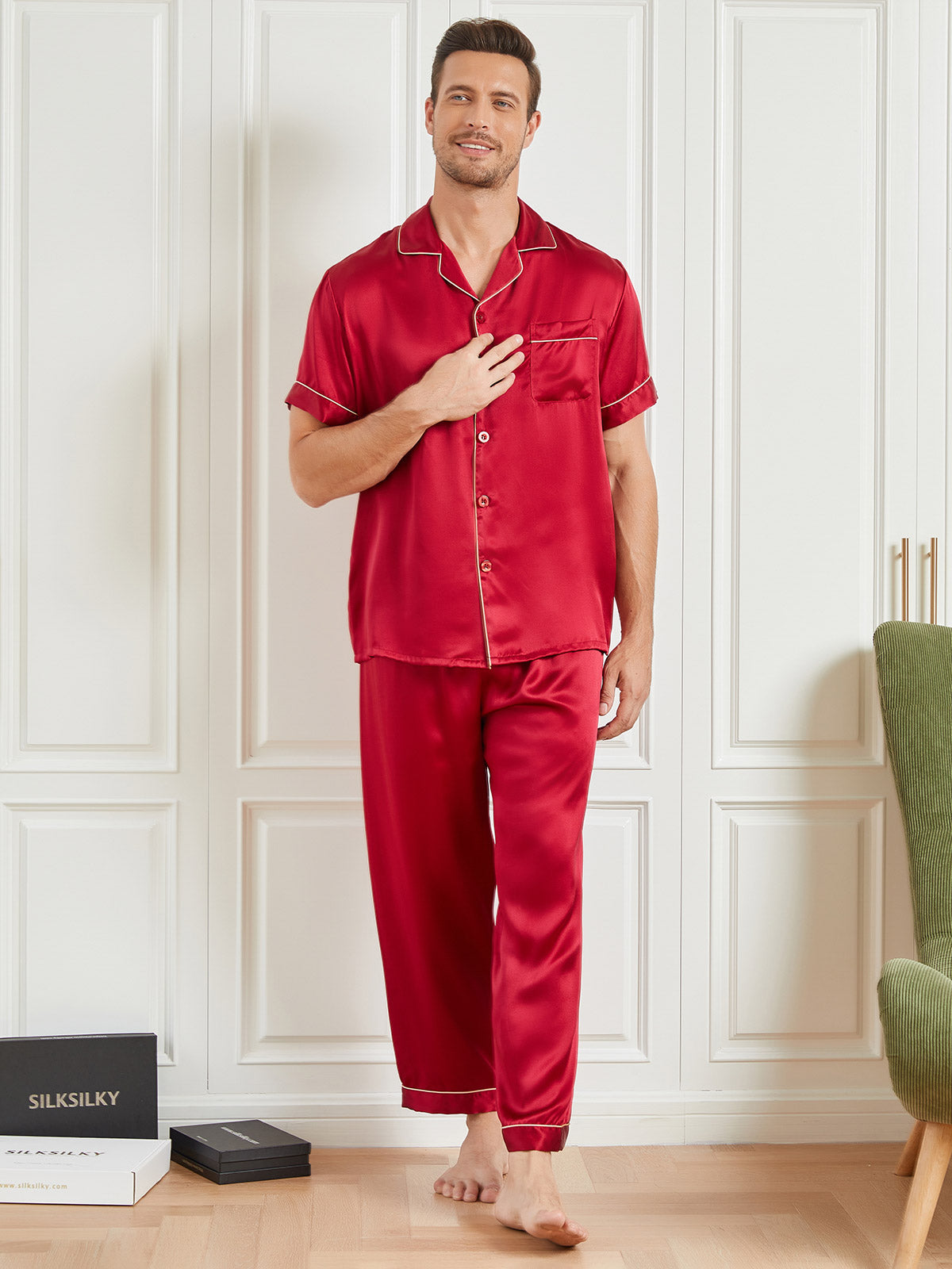 [Red] SilkSilky  19Momme Short Sleeve Men's Pajamas 001