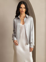 [Light Gray] SilkSilky  19Momme Stretch Silk Charmeuse Long Sleeve Lapel Collar Women's Shirt 007