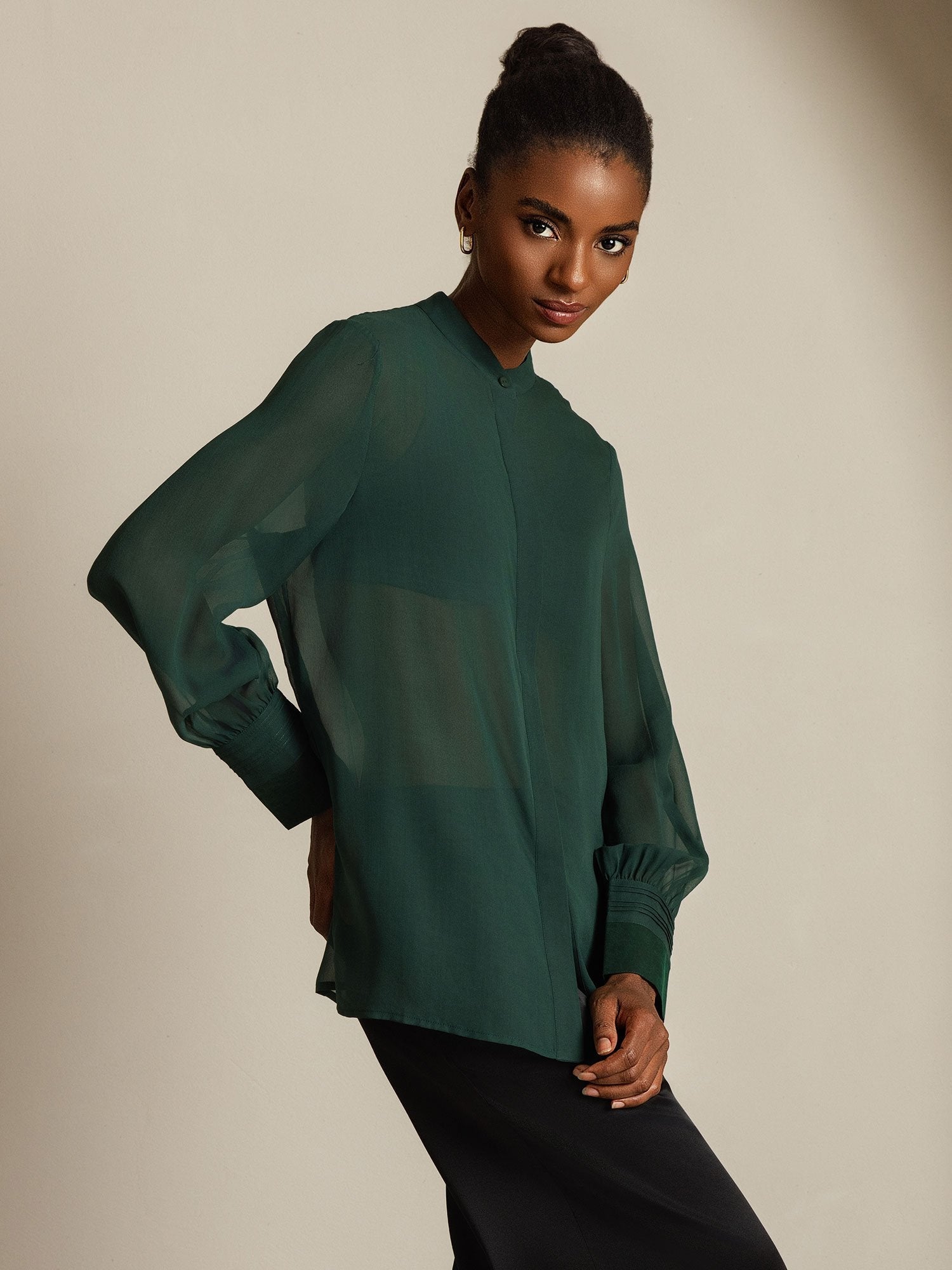 [Dark Green] SilkSilky  Pure Silk Split Women's Shirt 007