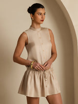 [Tan] SilkSilky  Sleeveless Stand Collar Dress 004