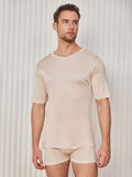 SilkSilky US Silk Knitted Short Sleeve V Neck Men's T Shirt Beige 003