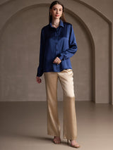 [Dark Blue] SilkSilky  19Momme Stretch Silk Charmeuse Long Sleeve Lapel Collar Women's Shirt 007