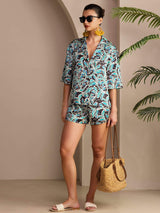 [Teal Botanical] SilkSilky Short Sleeve Notch Collar Women's Pajamas 005