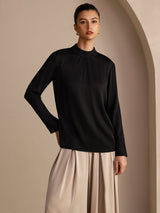 [Black] SilkSilky Long Sleeve Stand Collar Women's Blouse 001